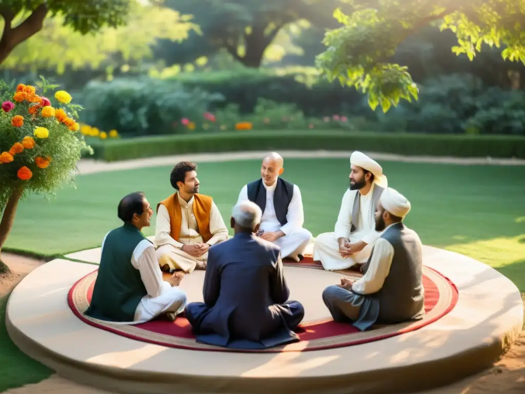 Un círculo de personas diversas en vestimenta sufi, en profunda conversación en un jardín sereno