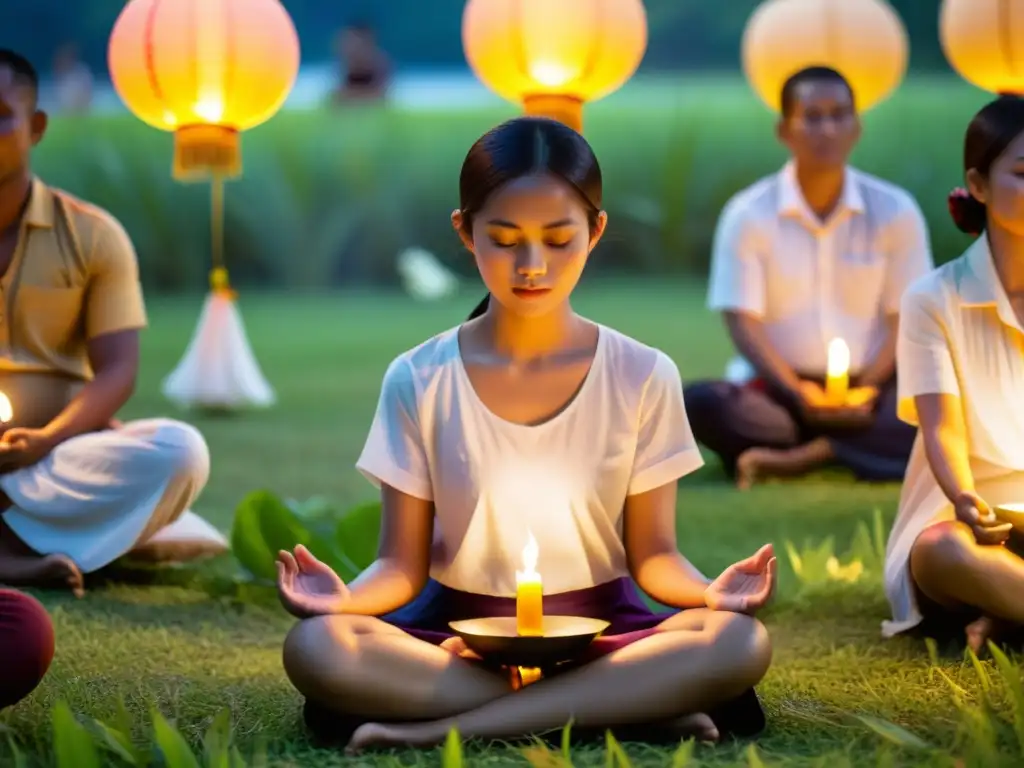 Un círculo de personas meditando en el Festival de Loy Krathong, con rostros serenos iluminados por velas, en un escenario de paz y tradición tailandesa