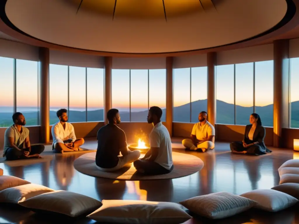 Un círculo de personas meditando activamente en una habitación serena y acogedora con luz dorada