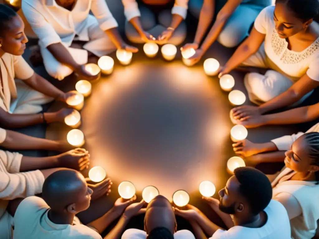 Un círculo de personas en meditación con mantras curativos para sanar cuerpo, iluminados por velas