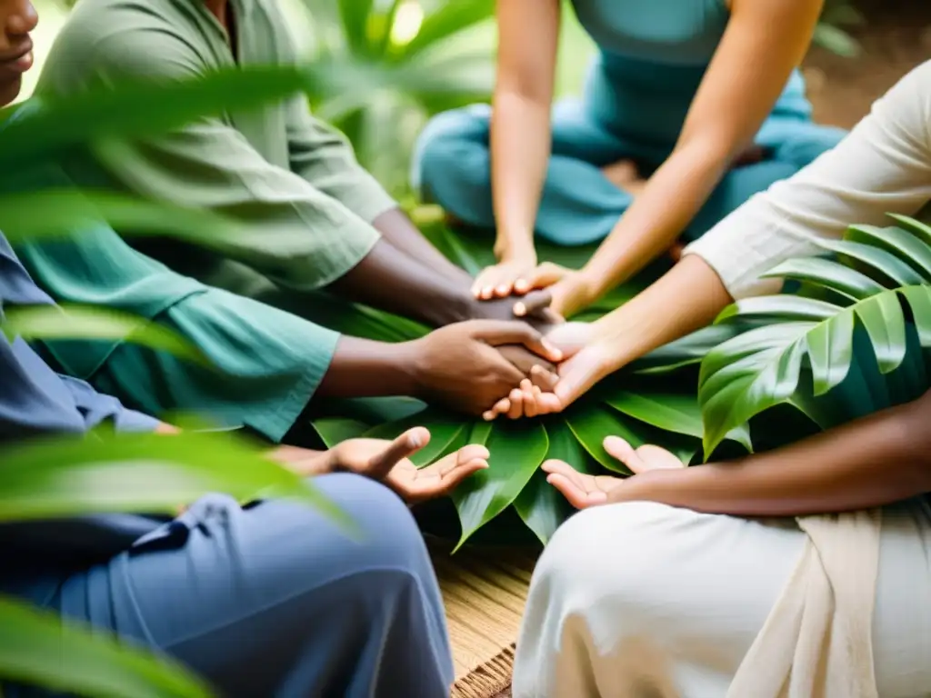 Un círculo de personas practicando meditación Metta en un entorno natural sereno, irradiando amor benevolente