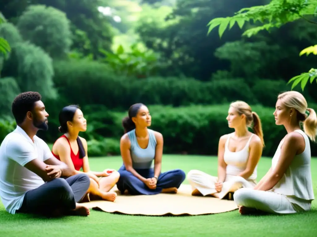 Un círculo de personas en serena conversación sobre el Noble Óctuple Sendero vida plenitud, en un entorno natural y armonioso