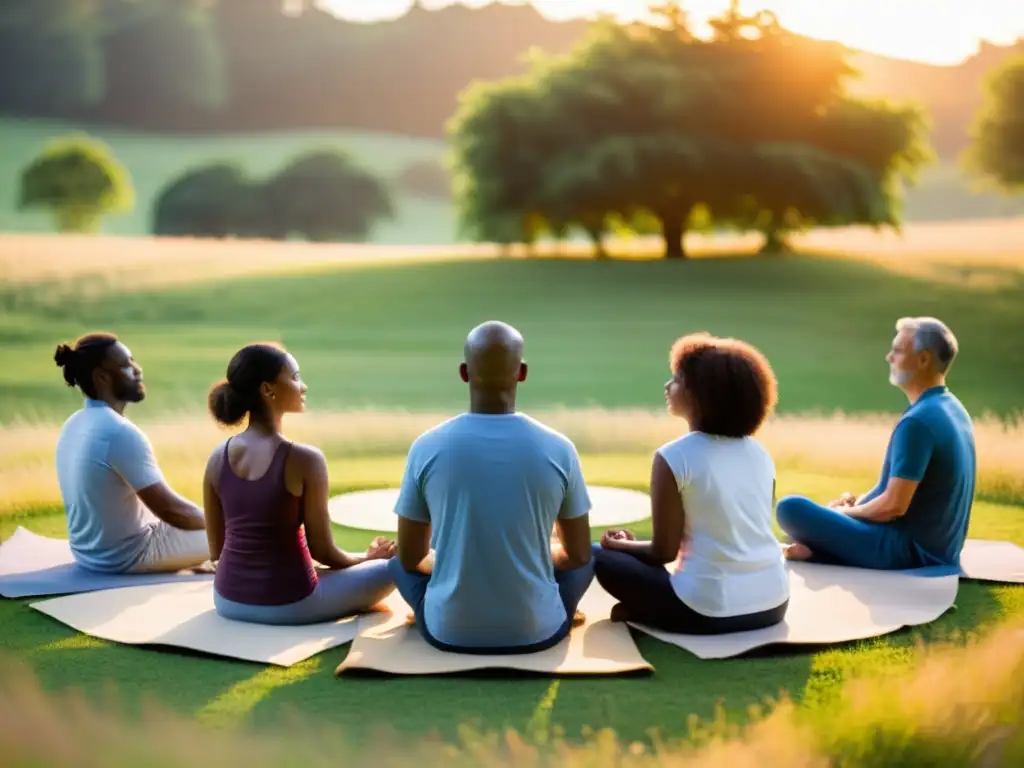 Un círculo de personas practicando técnicas de meditación activa en un campo al atardecer, irradiando calma y concentración serena