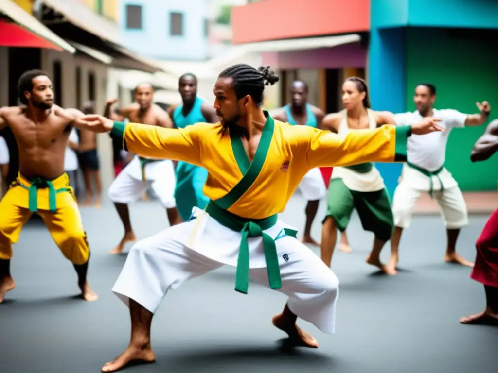 Un círculo de practicantes de capoeira en vibrantes atuendos, ejecutando movimientos dinámicos