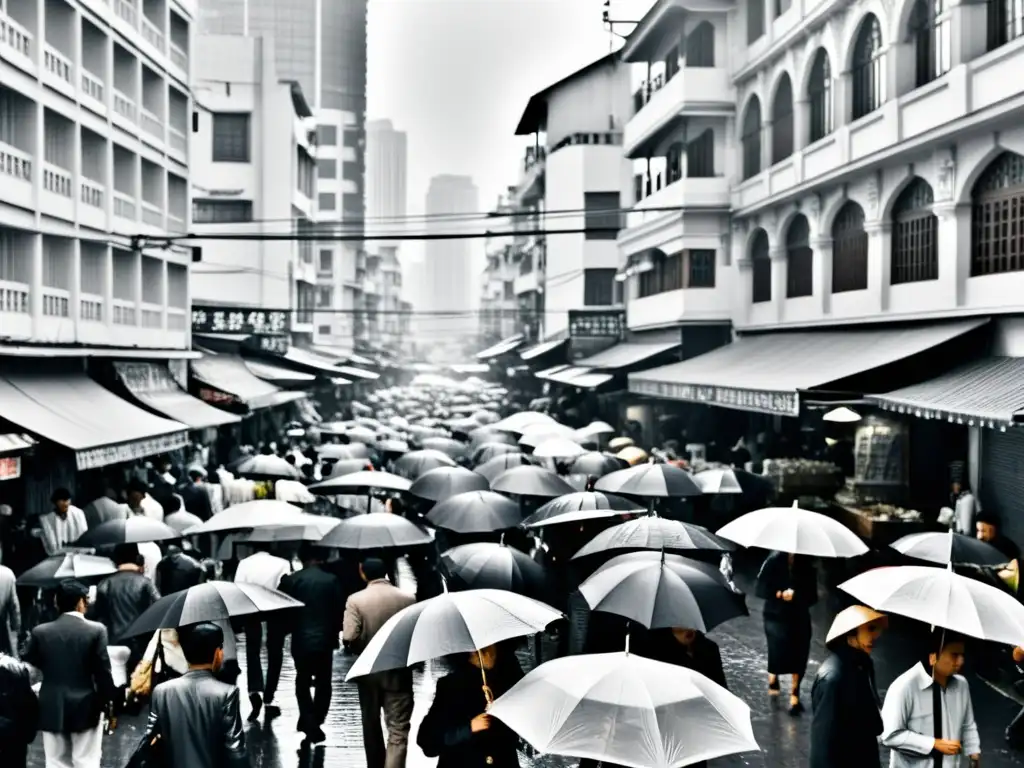 Una ciudad asiática bulliciosa, con gente bajo la lluvia y paraguas