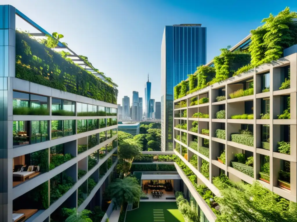 Una ciudad bulliciosa con arquitectura sostenible y zonas verdes urbanas integradas en rascacielos