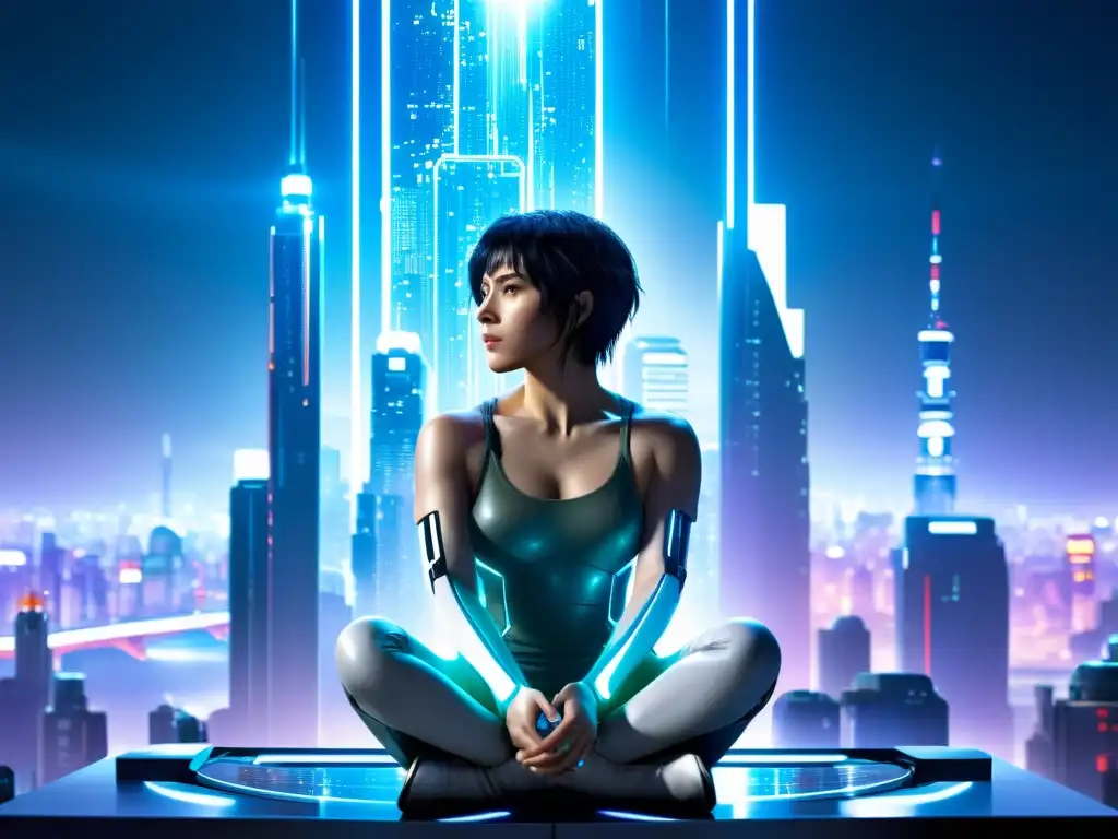 Major Motoko Kusanagi medita en una ciudad cybernética, fusionando filosofía asiática en Ghost in the Shell