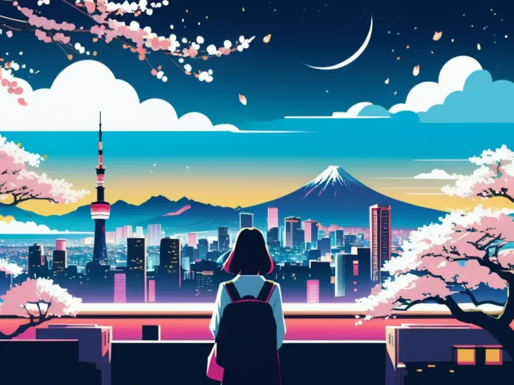 Una ciudad futurista con luces de neón contrasta con un tranquilo pueblo japonés entre cerezos en flor, simbolizando la realidad alternativa en 1Q84