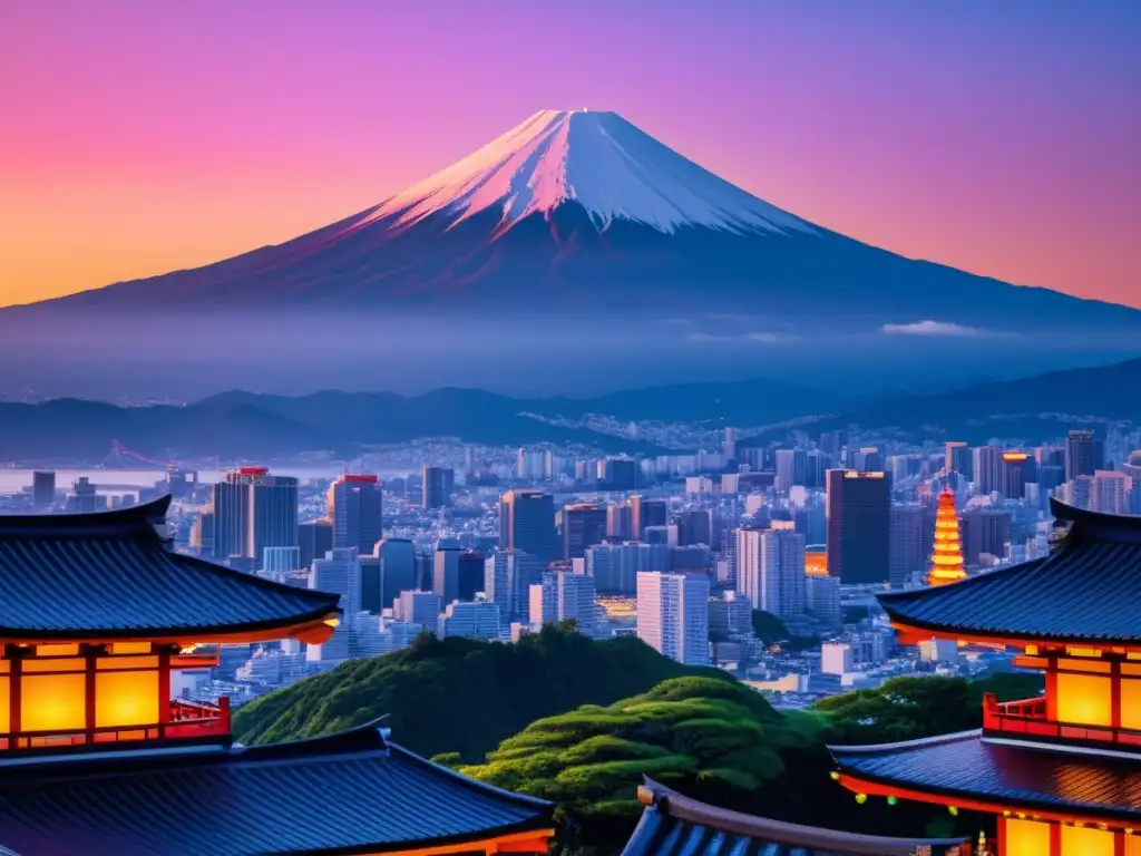 Una ciudad japonesa moderna al atardecer, con torii tradicionales y rascacielos