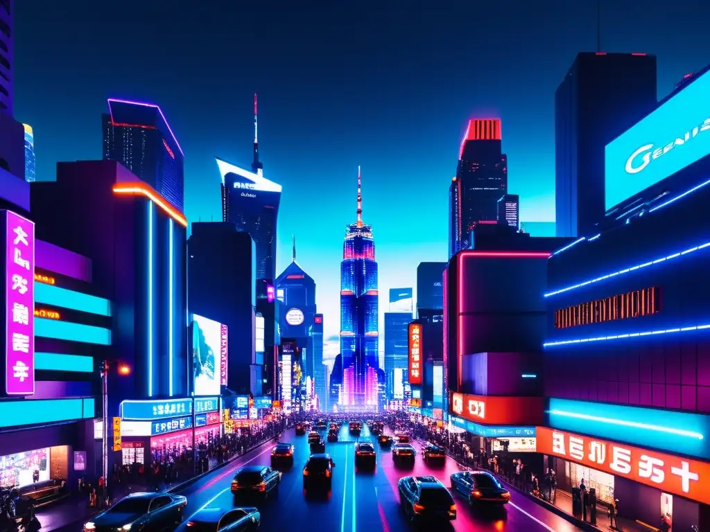 Una ciudad neoniluminada de aspecto cyberpunk, con rascacielos imponentes y vehículos futuristas