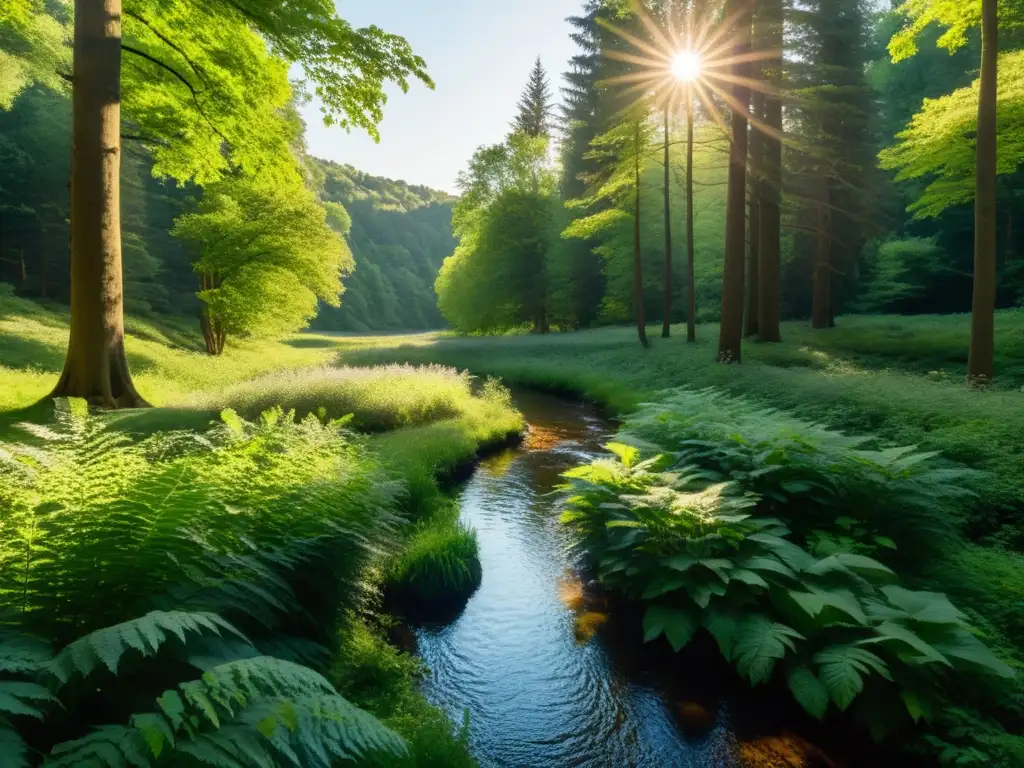 Claro del bosque sereno con arroyo, árboles majestuosos y práctica mindfulness contemporánea