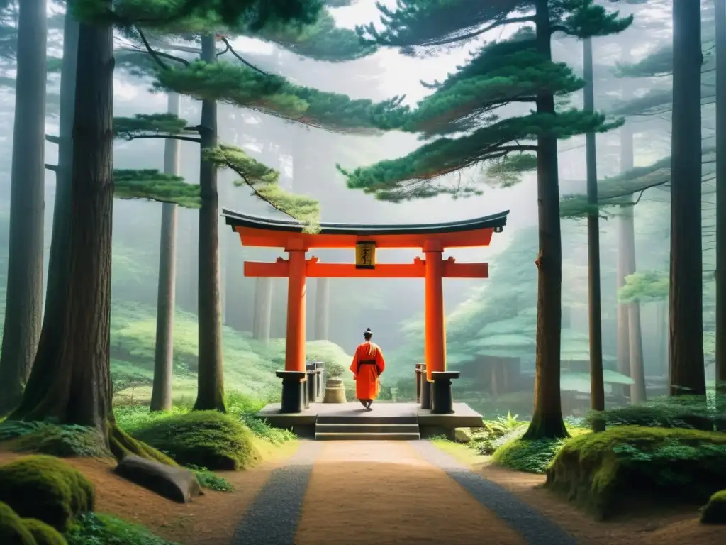 Un claro del bosque japonés con un torii y un santuario Shinto, reflejando la influencia del Shinto en la Pedagogía Japonesa