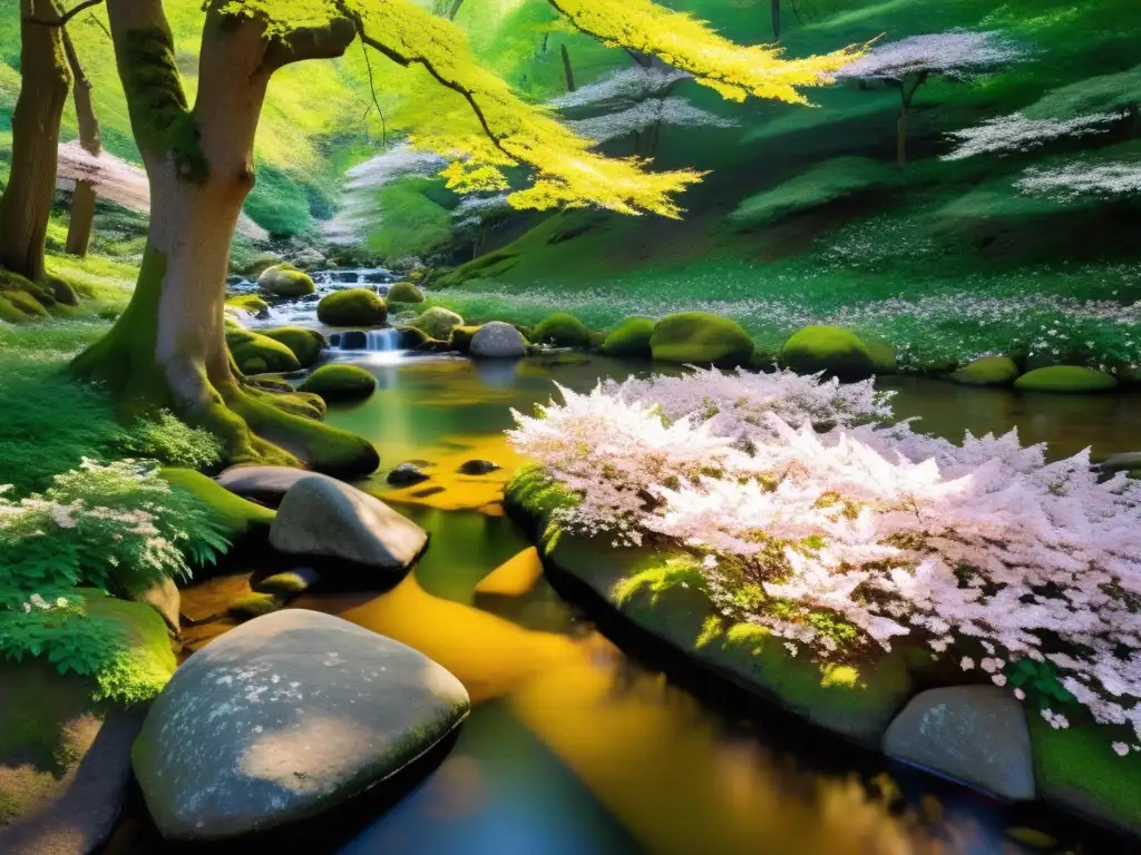 Un claro tranquilo en el bosque con un arroyo serpenteante reflejando los tonos dorados del follaje