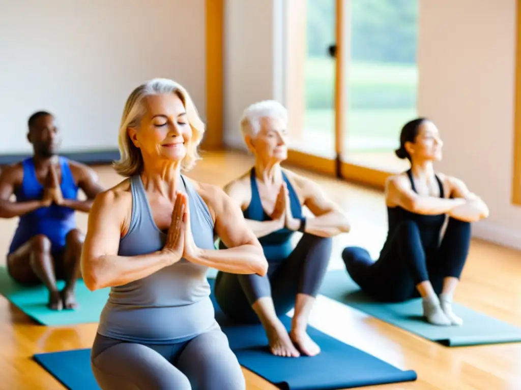 Clase de yoga adaptado para personas mayores en estudio bien iluminado, con instructor brindando guía personalizada y comunidad de apoyo