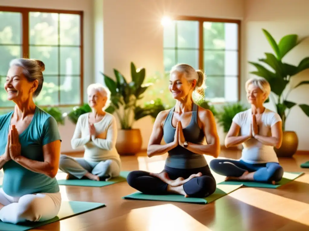 'Clase de yoga adaptado para personas mayores en estudio sereno y acogedor, guiados por instructor compasivo'