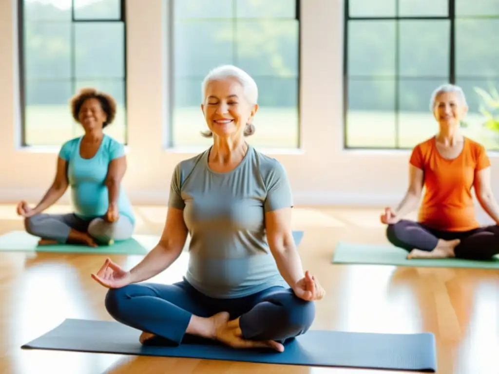 Clase de yoga adaptado para personas mayores en un estudio luminoso, transmitiendo calma y bienestar