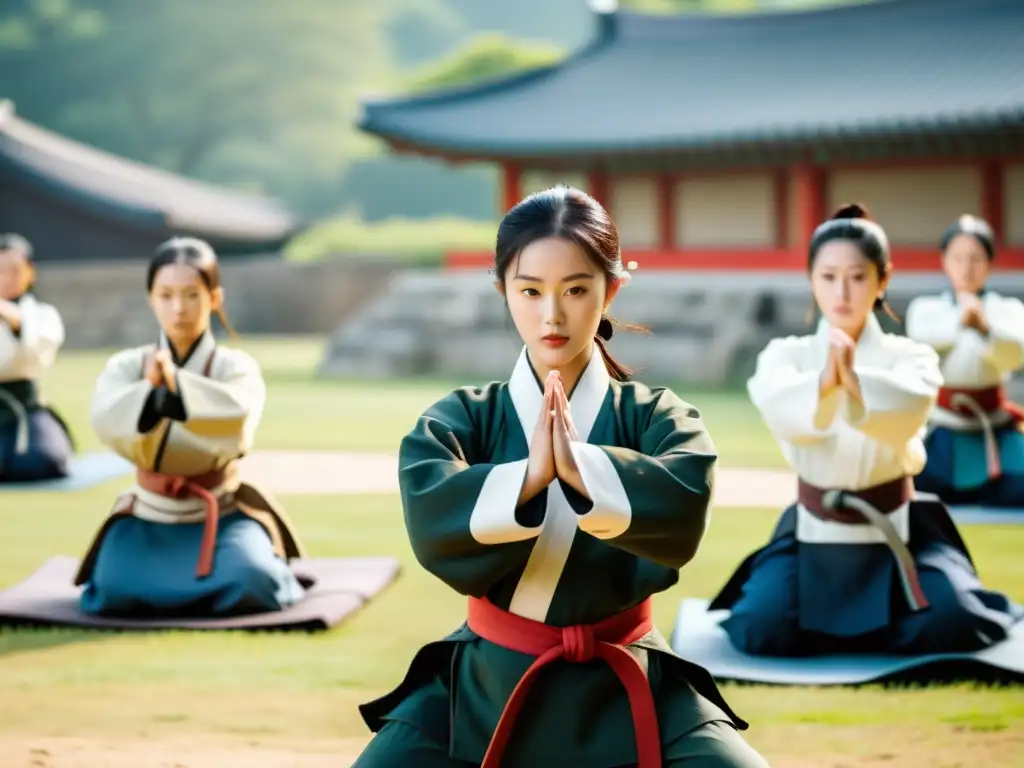 Clase de artes marciales coreanas al aire libre, destacando la influencia de los Tres Reinos en el Arte Marcial Coreano