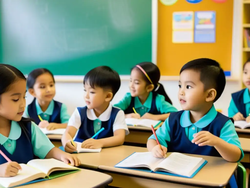 Clase bulliciosa en Asia: niños comprometidos en actividades educativas, guiados por un atento maestro