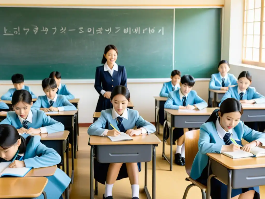 Clase bulliciosa en escuela de Corea del Sur con estudiantes uniformados enfocados y maestro comprometido en lección