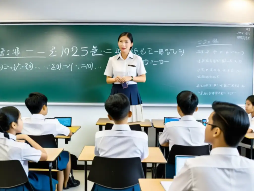 Clase bulliciosa en Singapur, estudiantes uniformados atentos a su maestro explicando ecuaciones matemáticas en pizarra