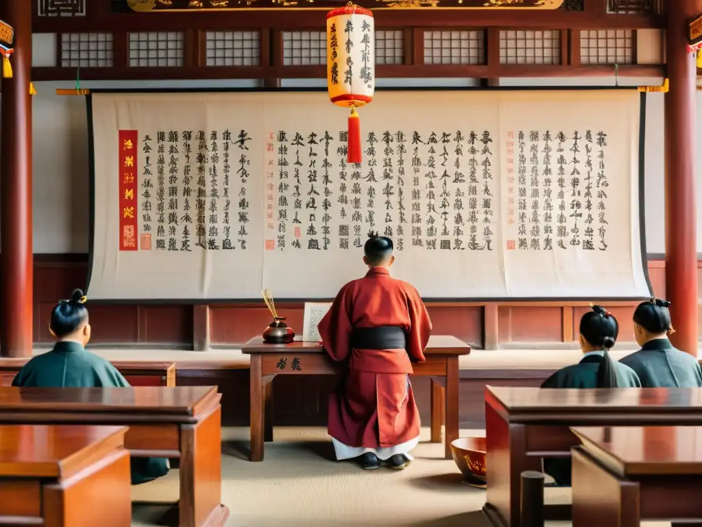 Clase confuciana tradicional con estudiantes y maestro en un ambiente reverente