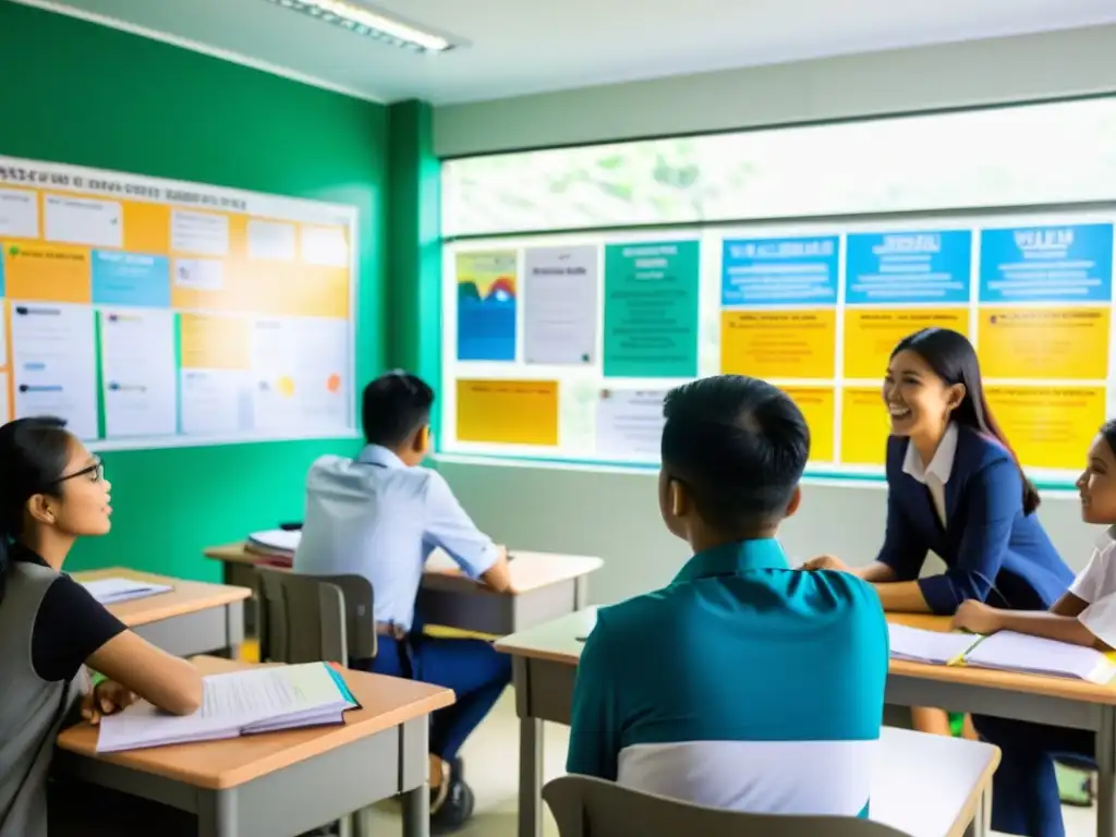 Clase en Malasia con estudiantes participando en discusión, pensamiento crítico en educación asiática