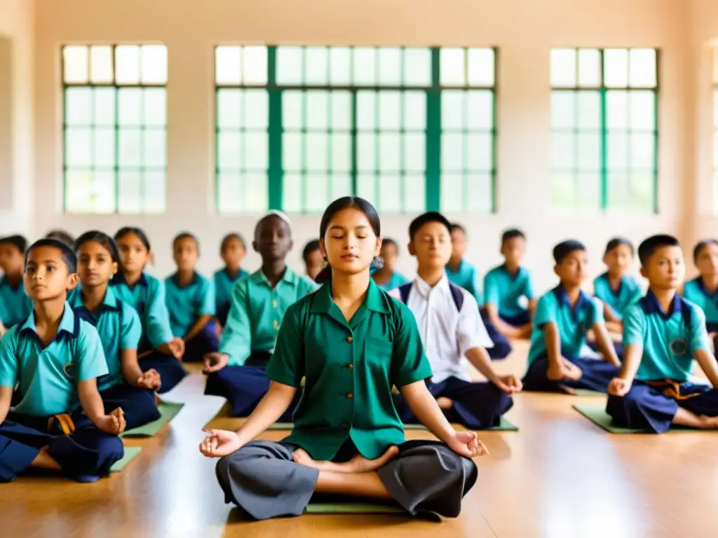 Clase en India o China con integración espiritualidad, alumnos en meditación guiada por maestro en ambiente tranquilo y armonioso