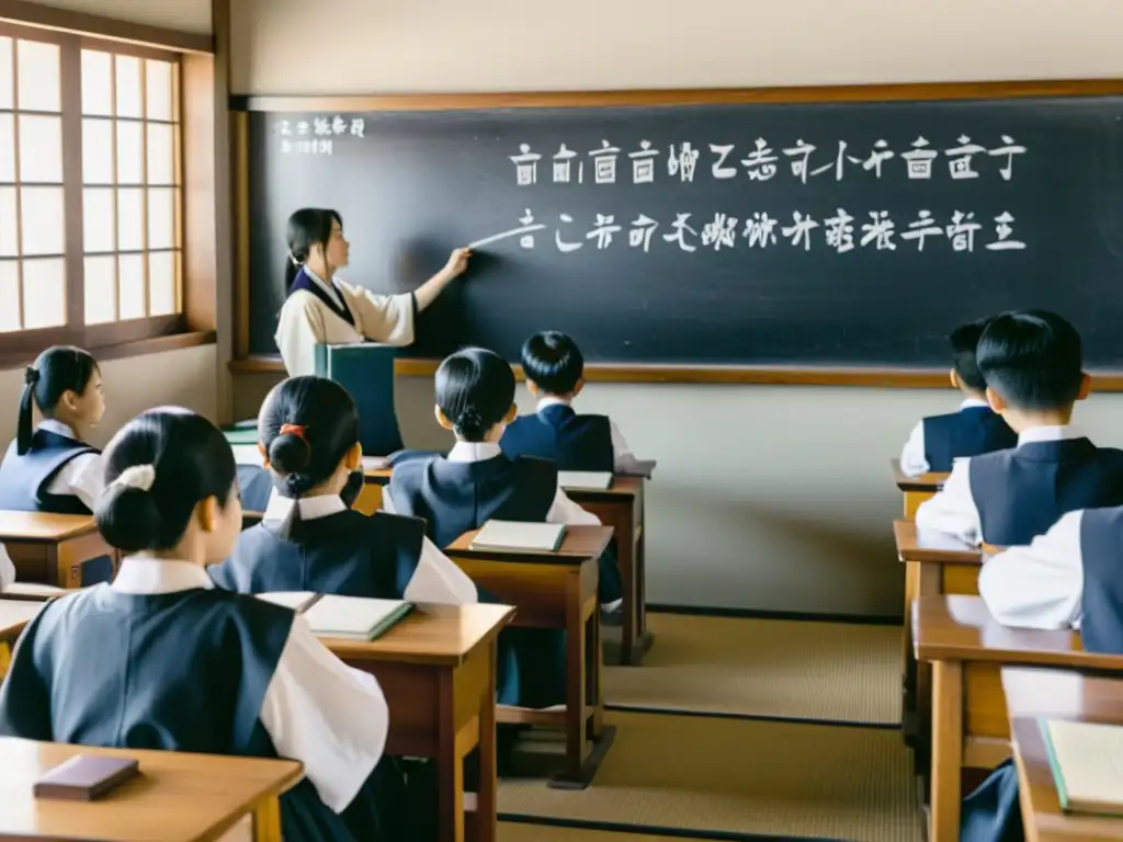 Clase japonesa tradicional con estudiantes atentos y disciplinados, y maestro escribiendo en pizarra