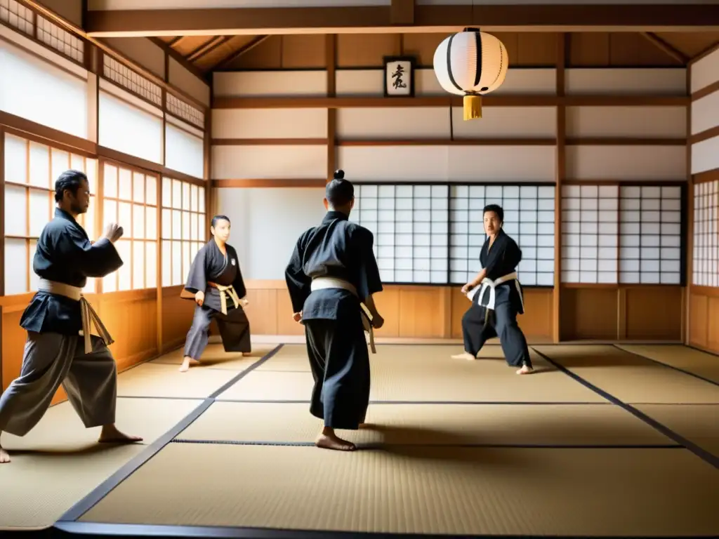 Clase de ninjutsu en un dojo tradicional japonés, donde se fusiona la Mitología del Ninjutsu japonés feudal con la práctica moderna de artes marciales