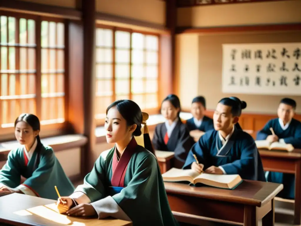 Una clase de principios confucianos en la educación: alumnos atentos escuchan al maestro mientras la luz del sol ilumina la sala tradicional china