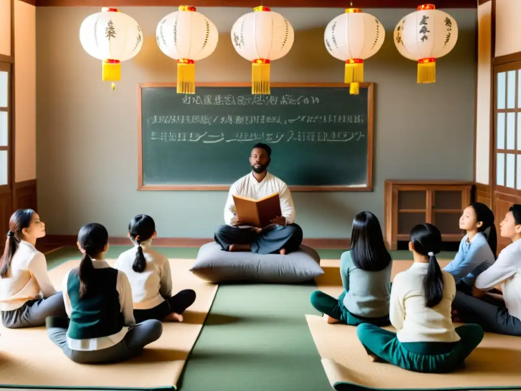 Clase serena con alumnos y maestro discutiendo conceptos de filosofía oriental en un entorno tranquilo y enriquecedor