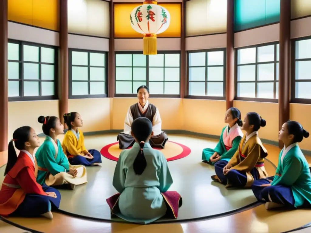 Una clase tradicional asiática con estudiantes en círculo, inmersos en la enseñanza del maestro