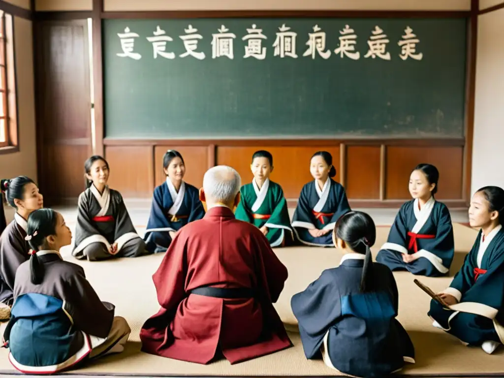 Clase tradicional china: estudiantes escuchan atentos al maestro recitando poesía
