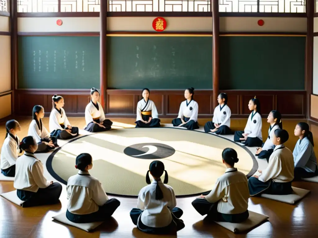 Clase tradicional china con pedagogía equilibrando contrarios Yin Yang en un ambiente cálido y sereno