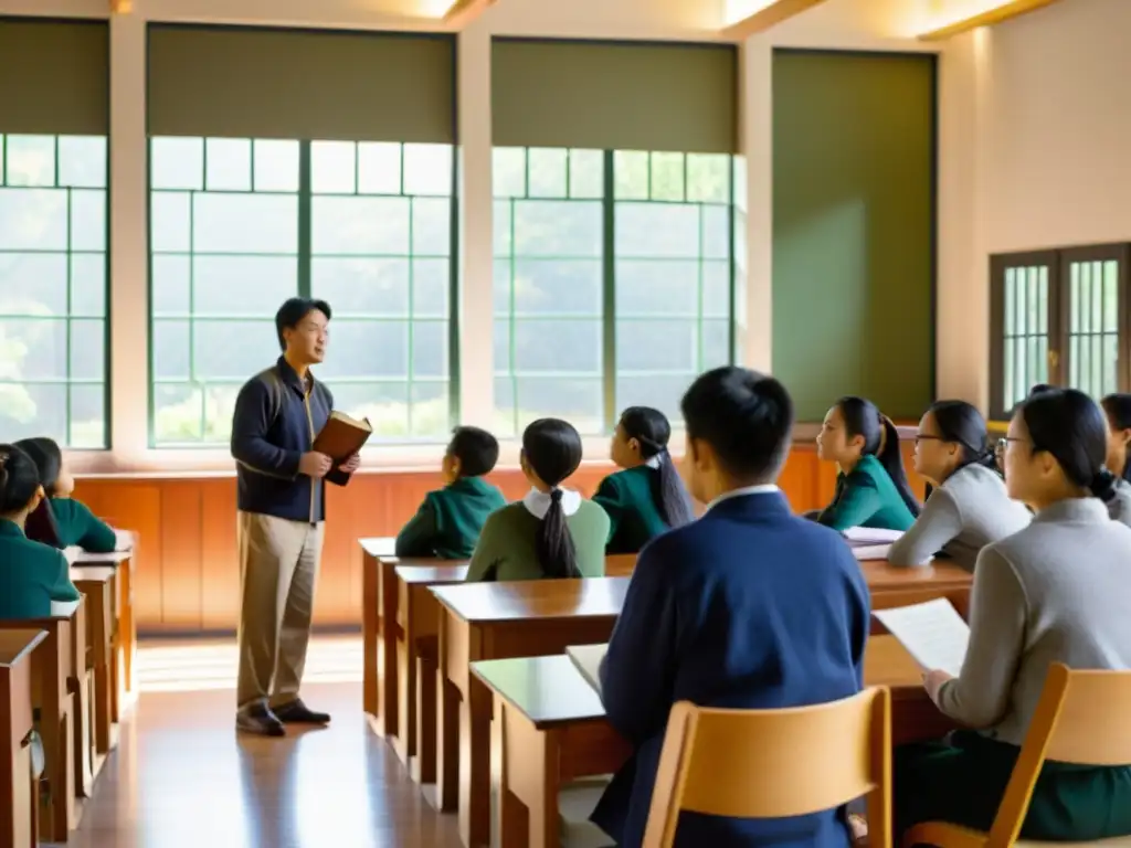 Clase tranquila con aplicaciones educativas del Tao Te Ching, impregnada de serenidad y exploración intelectual