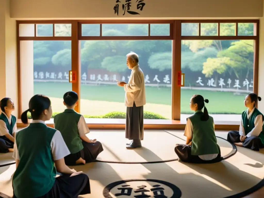 Clase tranquila con luz natural y estudiantes inmersos en las aplicaciones educativas del Tao Te Ching, mientras el maestro sonríe