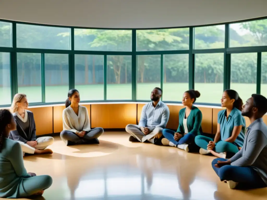 Una clase tranquila y serena, con luz natural, estudiantes reflexivos y un ambiente de aprendizaje compasivo con principios budistas