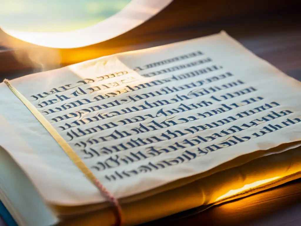 Closeup de antiguo manuscrito con caligrafía sánscrita iluminado por luz dorada