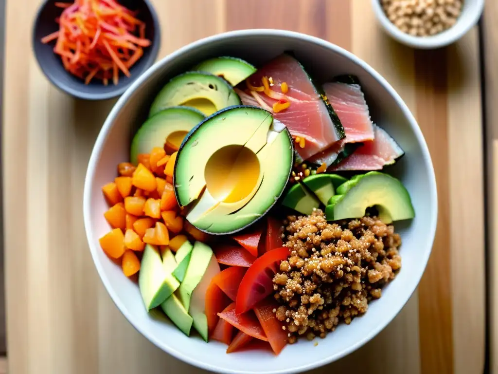 Closeup de un PokeKimchi Bowl, con capas vibrantes de atún marinado, verduras encurtidas y aguacate fresco