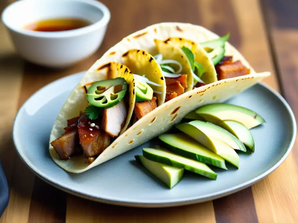 Closeup de un delicioso Taco Ramen, una fusión innovadora de sabores y texturas en platos híbridos de gastronomía asiática moderna