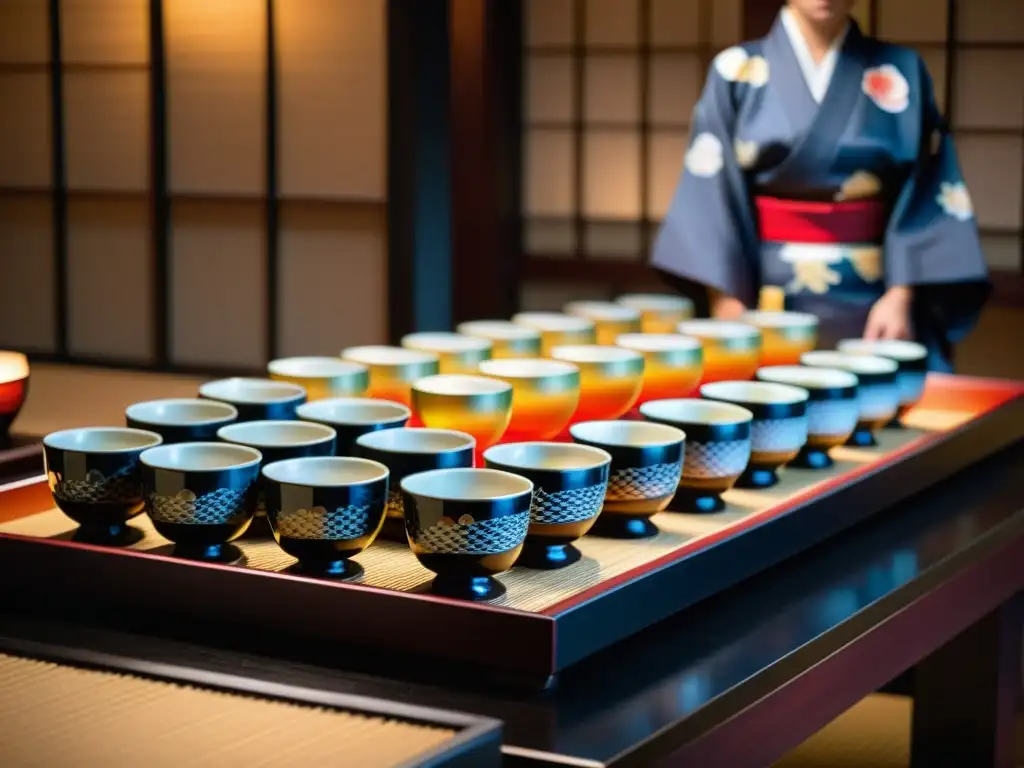 Un closeup detallado de una reunión tradicional japonesa Bonenkai, con una variedad de coloridas copas de sake en una bandeja y un ambiente cálido