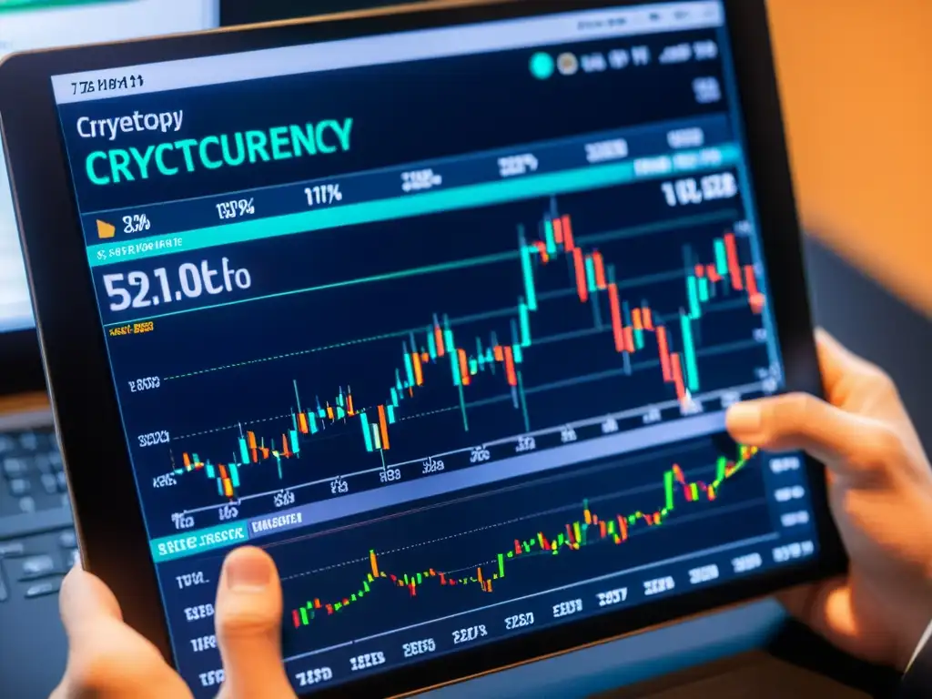 Un closeup de manos sosteniendo un gráfico de trading de criptomonedas, con concentración y determinación