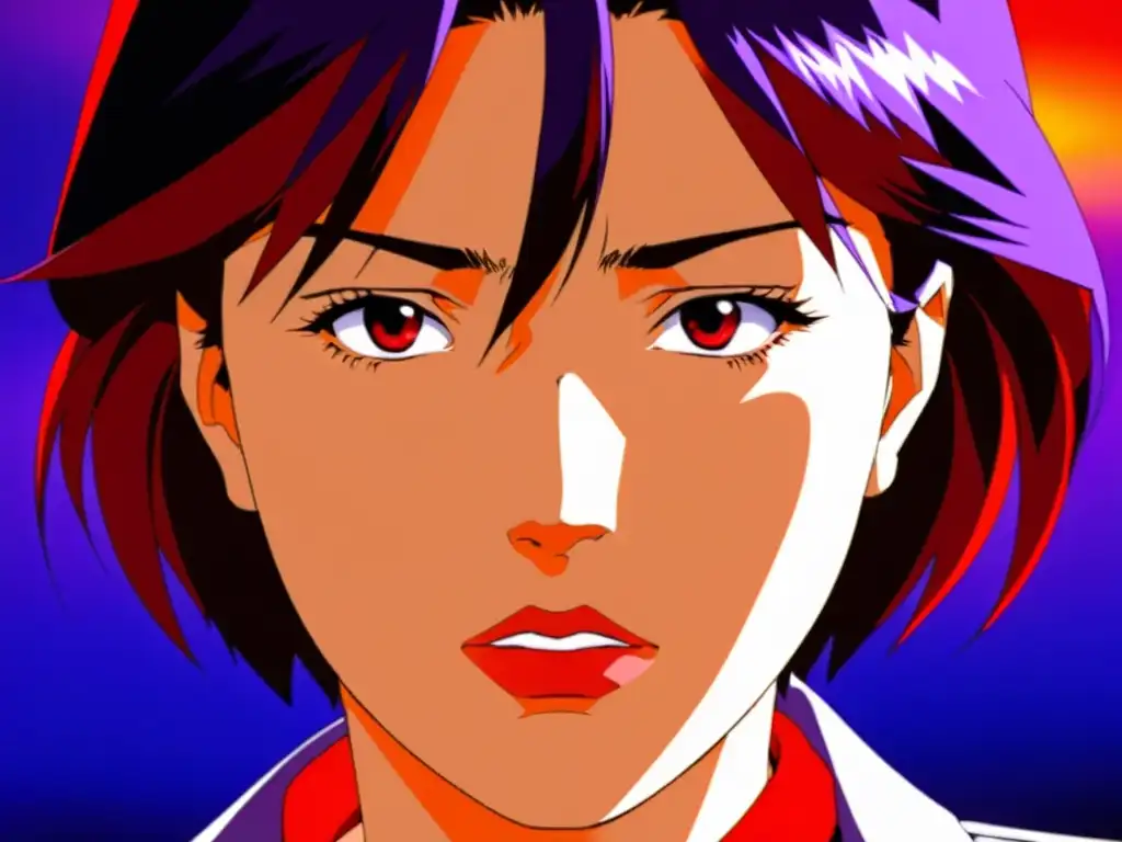 Closeup de Misato Katsuragi, reflejando la complejidad psicológica en Neon Genesis Evangelion con su expresión conflictiva y mirada intensa