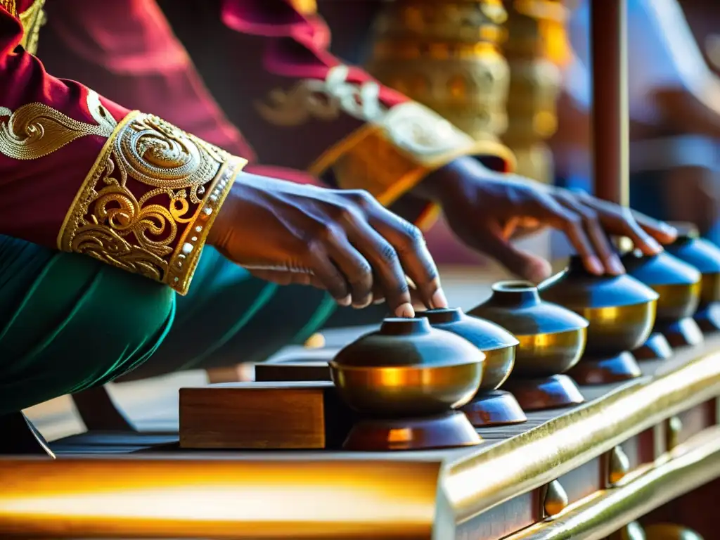 Close-up de orquesta gamelán en Indonesia, con detalles de instrumentos de bronce y madera