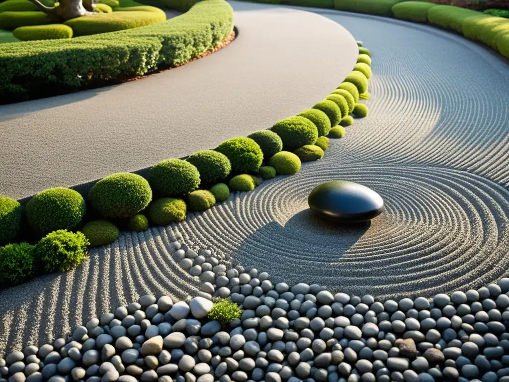 Closeup de jardín japonés zen, con patrones en grava y rocas equilibradas