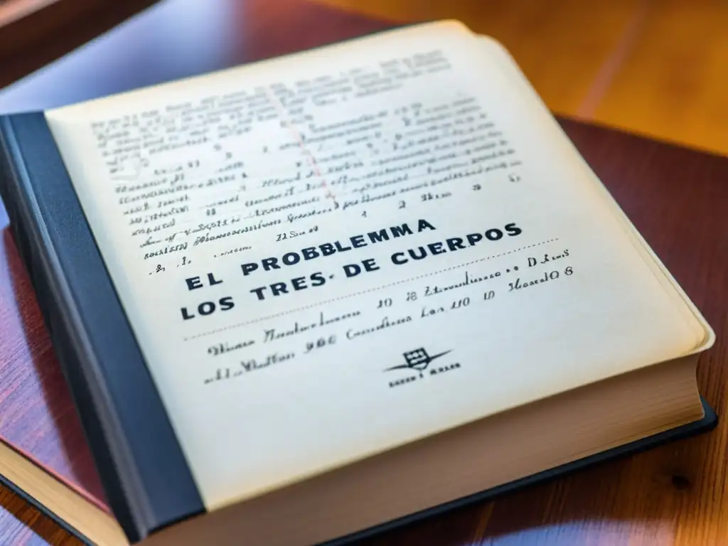 Closeup de 'El problema de los tres cuerpos' con anotaciones en un escritorio iluminado, reflejando su trascendencia literaria