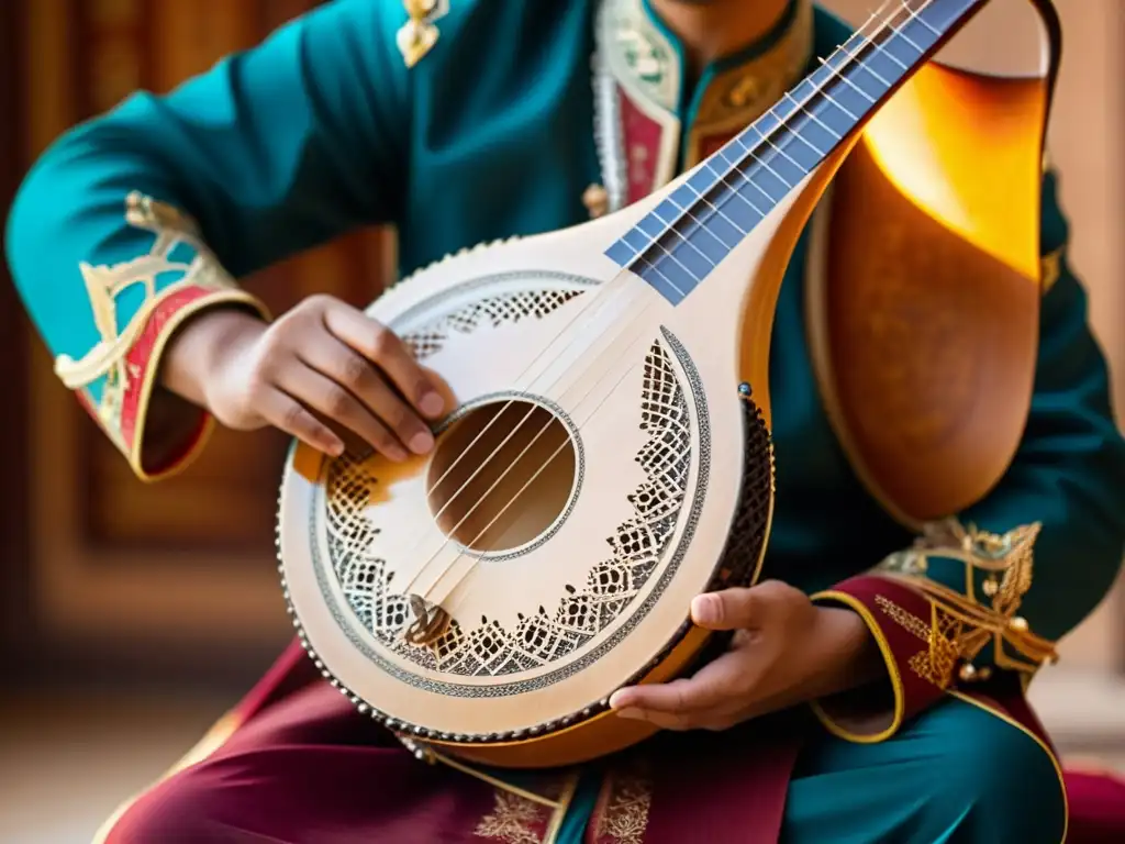 Closeup de un rebab tradicional de Asia Central, con detalles tallados, cuerdas tensas y manos del músico