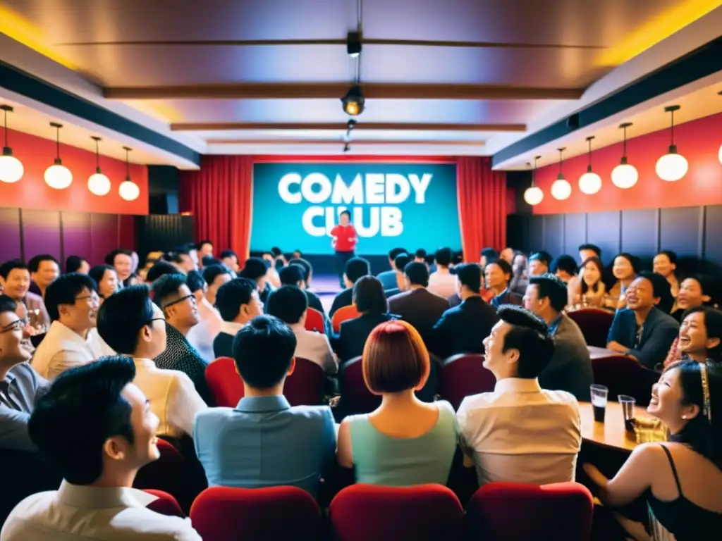 Un club de comedia lleno en Tokio, con el comediante interactuando con el público