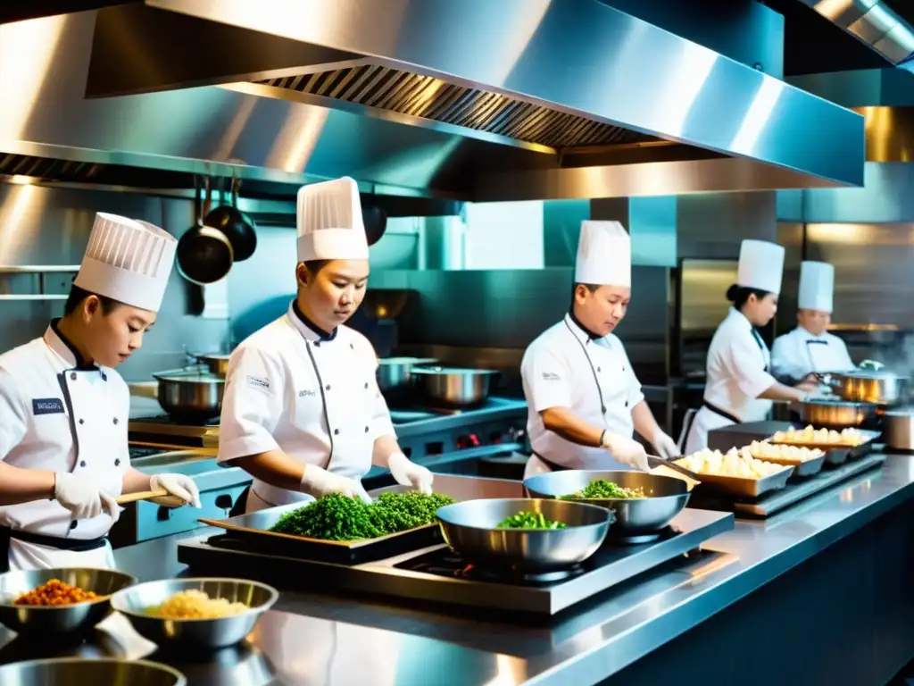 Una cocina asiática de alta cocina, estrellas Michelin, llena de chefs hábiles preparando exquisitos platos con atención meticulosa