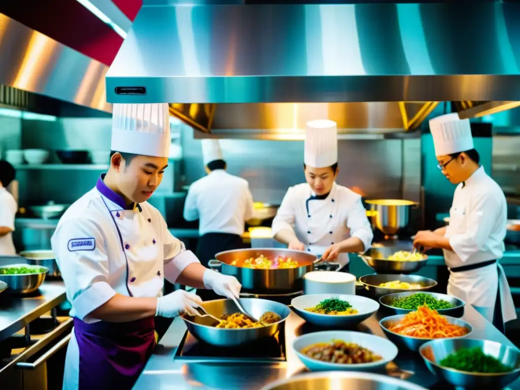 Una cocina asiática bulliciosa con chefs preparando platos tradicionales y tecnología de vanguardia